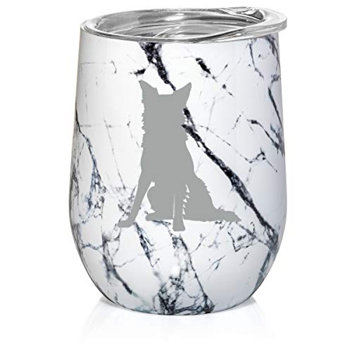 12 oz Double Wall Vacuum Insulated Stainless Steel Marble Stemless Wine Tumbler Glass Coffee Travel Mug With Lid Border Collie (Black White Marble)