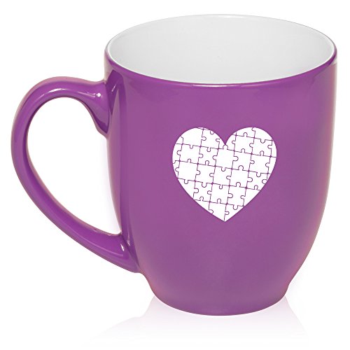 16 oz Purple Large Bistro Mug Ceramic Coffee Tea Glass Cup Heart Puzzle Autism