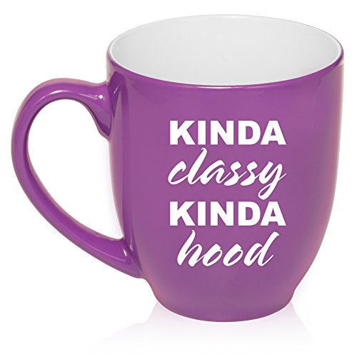 16 oz Large Bistro Mug Ceramic Coffee Tea Glass Cup Kinda Classy Kinda Hood (Purple)