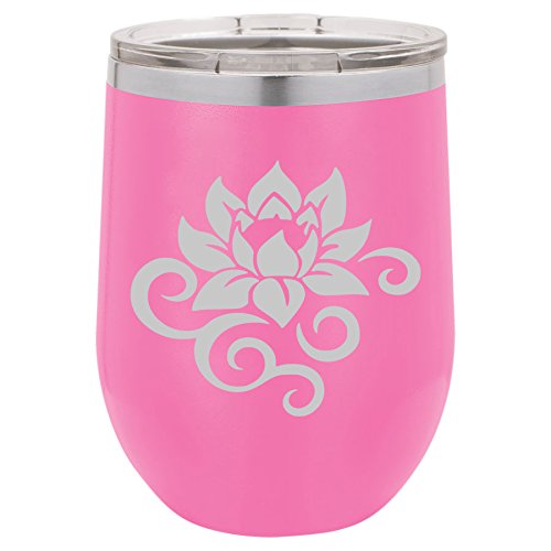 12 oz Double Wall Vacuum Insulated Stainless Steel Stemless Wine Tumbler Glass Coffee Travel Mug With Lid Lotus Flower Scroll (Hot-Pink)