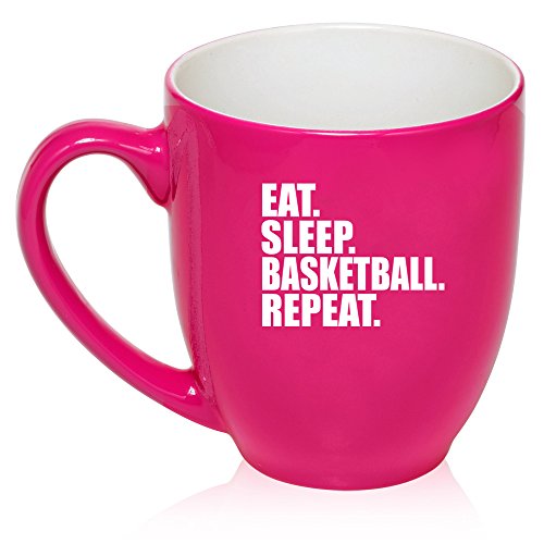 16 oz Large Bistro Mug Ceramic Coffee Tea Glass Cup Eat Sleep Basketball Repeat (Hot Pink)