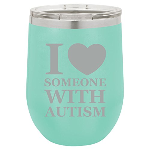 12 oz Double Wall Vacuum Insulated Stainless Steel Stemless Wine Tumbler Glass Coffee Travel Mug With Lid I Love Heart Someone With Autism (Teal)