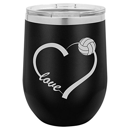 12 oz Double Wall Vacuum Insulated Stainless Steel Stemless Wine Tumbler Glass Coffee Travel Mug With Lid Love Heart Volleyball (Black)