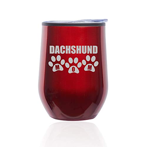 Stemless Wine Tumbler Coffee Travel Mug Glass With Lid Dachshund Mom (Red)