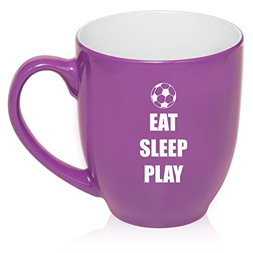 16 oz Large Bistro Mug Ceramic Coffee Tea Glass Cup Eat Sleep Play Soccer (Purple)