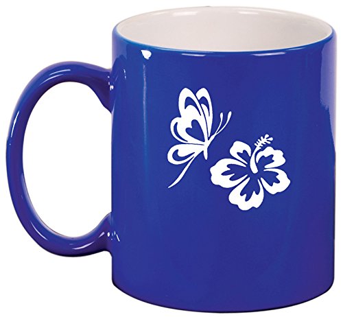 Ceramic Coffee Tea Mug Cup Butterfly and Hibiscus (Blue)