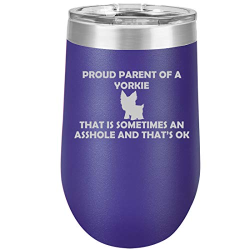 16 oz Double Wall Vacuum Insulated Stainless Steel Stemless Wine Tumbler Glass Coffee Travel Mug With Lid Proud Parent Yorkie (Purple)