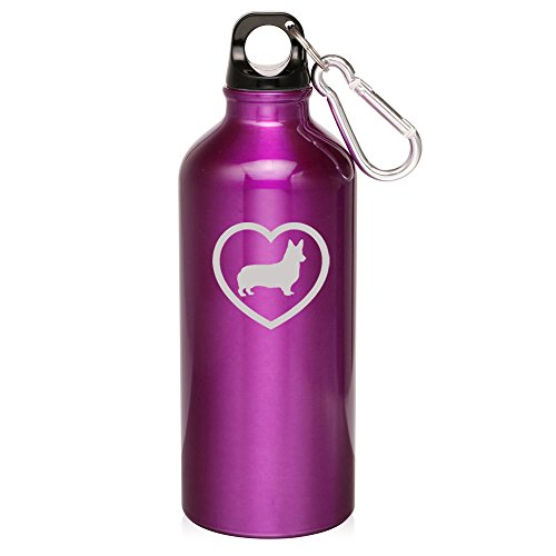 20oz Aluminum Sports Water Bottle Caribiner Clip Corgi Heart (Purple)