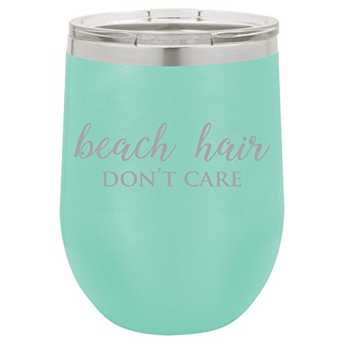 12 oz Double Wall Vacuum Insulated Stainless Steel Stemless Wine Tumbler Glass Coffee Travel Mug With Lid Beach Hair Don't Care (Teal)