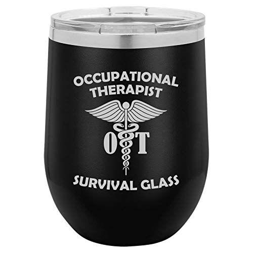 12 oz Double Wall Vacuum Insulated Stainless Steel Stemless Wine Tumbler Glass Coffee Travel Mug With Lid Occupational Therapist OT Survival Glass Funny (Black)