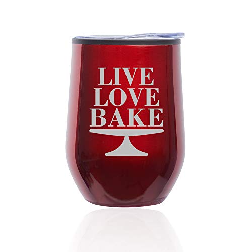 Stemless Wine Tumbler Coffee Travel Mug Glass With Lid Live Love Bake (Red)