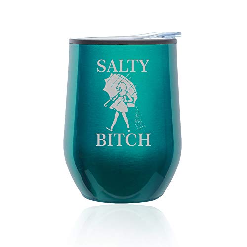 Stemless Wine Tumbler Coffee Travel Mug Glass With Lid Salty Btch Funny (Turquoise Teal)