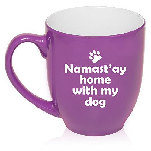 16 oz Large Bistro Mug Ceramic Coffee Tea Glass Cup Namast'ay Home With My Dog (Purple)