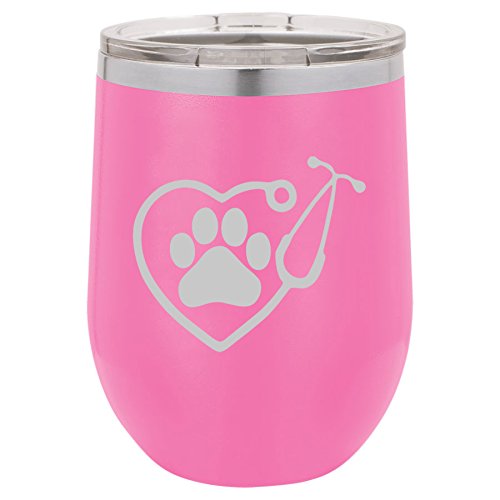 12 oz Double Wall Vacuum Insulated Stainless Steel Stemless Wine Tumbler Glass Coffee Travel Mug With Lid Heart Stethoscope Vet Tech Veterinarian (Hot-Pink)