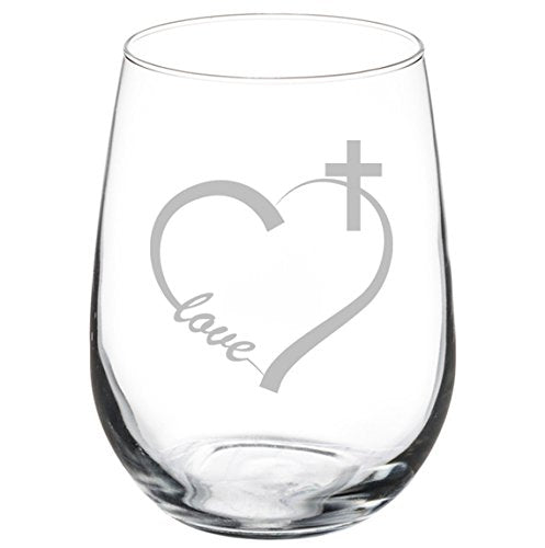 Wine Glass Goblet Love Heart Cross Christian (17 oz Stemless)