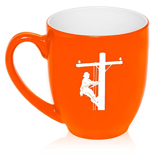 16 oz Large Bistro Mug Ceramic Coffee Tea Glass Cup Lineman Electric Pole Climber (Orange)