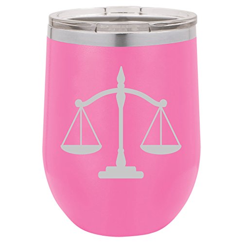 12 oz Double Wall Vacuum Insulated Stainless Steel Stemless Wine Tumbler Glass Coffee Travel Mug With Lid Scales Of Justice Lawyer Paralegal Attorney (Hot-Pink)