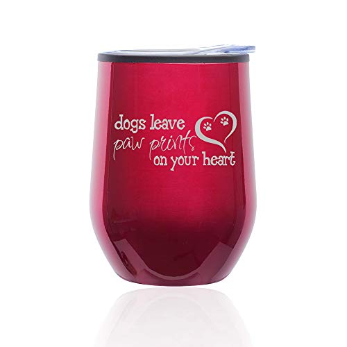 Stemless Wine Tumbler Coffee Travel Mug Glass With Lid Dogs Leave Paw Prints (Fuchsia)