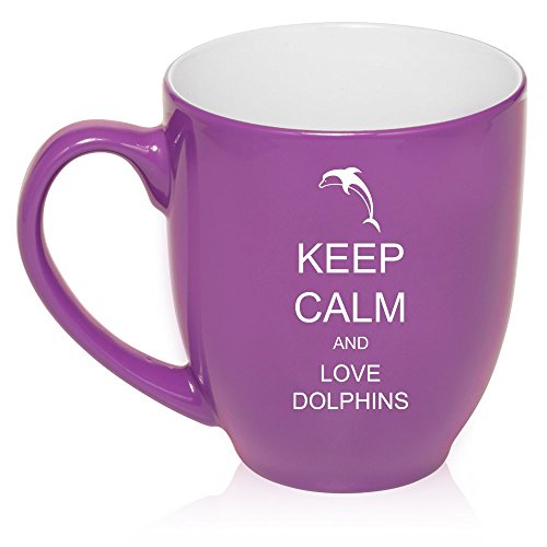 16 oz Large Bistro Mug Ceramic Coffee Tea Glass Cup Keep Calm and Love Dolphins (Purple)