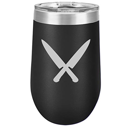 16 oz Double Wall Vacuum Insulated Stainless Steel Stemless Wine Tumbler Glass Coffee Travel Mug With Lid Chef Knives (Black)