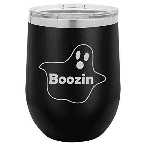 12 oz Double Wall Vacuum Insulated Stainless Steel Stemless Wine Tumbler Glass Coffee Travel Mug With Lid Boozin Ghost Funny Halloween (Black)