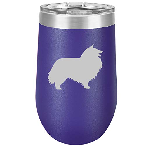 16 oz Double Wall Vacuum Insulated Stainless Steel Stemless Wine Tumbler Glass Coffee Travel Mug With Lid Shetland Sheepdog (Purple)