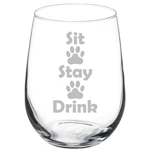 Wine Glass Goblet Funny Dog Cat Animal Lover Sit Stay Drink Paw Prints (17 oz Stemless),MIP