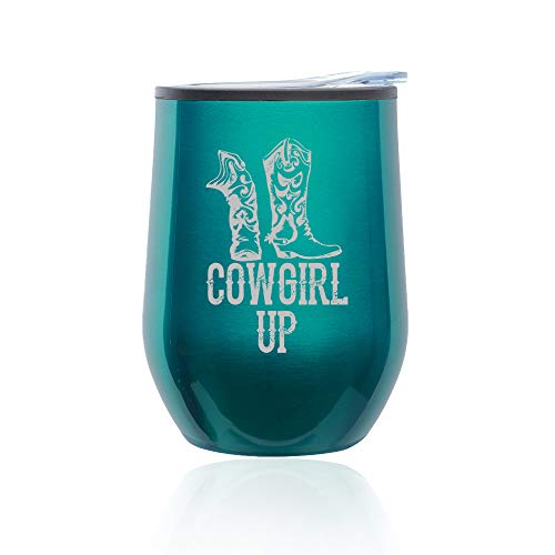 Stemless Wine Tumbler Coffee Travel Mug Glass With Lid Cowgirl Up Boots (Turquoise Teal)