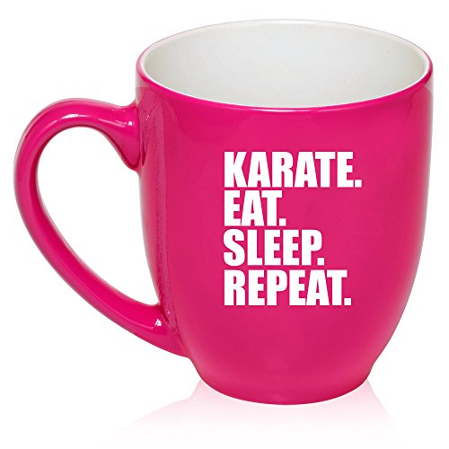 16 oz Large Bistro Mug Ceramic Coffee Tea Glass Cup Karate Eat Sleep Repeat (Hot Pink)