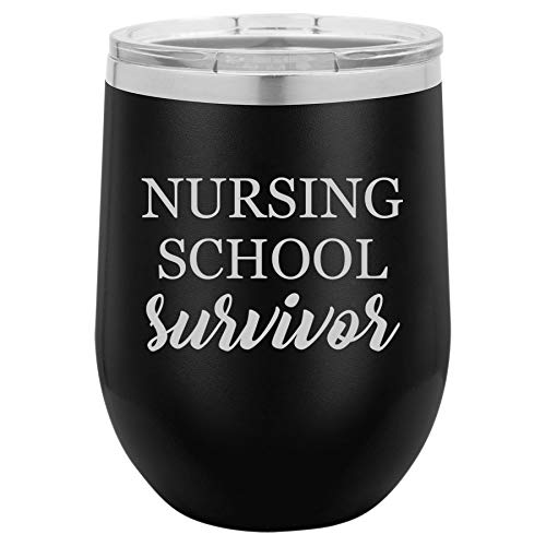 12 oz Double Wall Vacuum Insulated Stainless Steel Stemless Wine Tumbler Glass Coffee Travel Mug With Lid Nursing School Survivor Nurse Student Funny (Black)