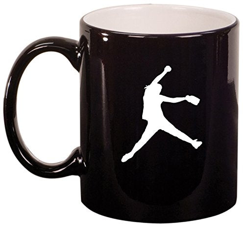 Ceramic Coffee Tea Mug Cup Female Softball Pitcher (Black)