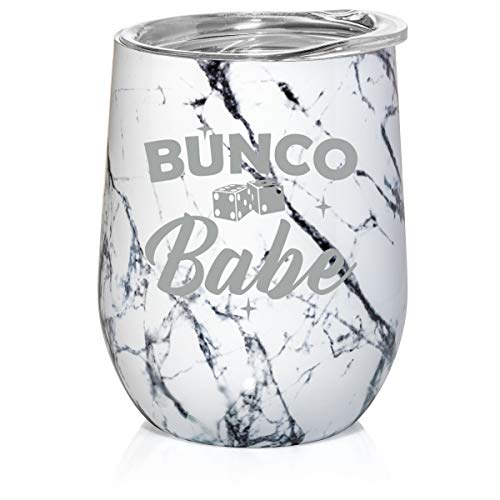 12 oz Double Wall Vacuum Insulated Stainless Steel Marble Stemless Wine Tumbler Glass Coffee Travel Mug With Lid Bunco Babe (Black White Marble)