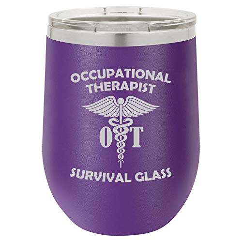 12 oz Double Wall Vacuum Insulated Stainless Steel Stemless Wine Tumbler Glass Coffee Travel Mug With Lid Occupational Therapist OT Survival Glass Funny (Purple)