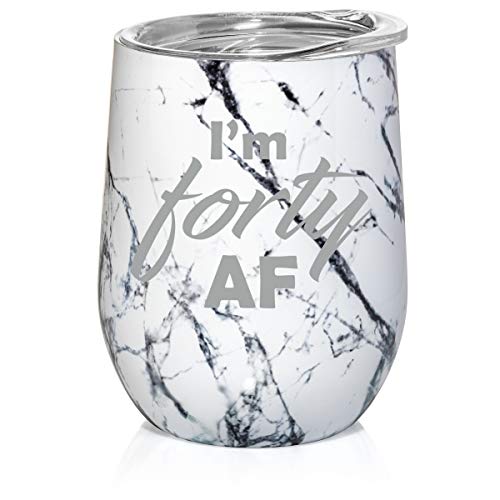 12 oz Double Wall Vacuum Insulated Stainless Steel Marble Stemless Wine Tumbler Glass Coffee Travel Mug With Lid I'm Forty AF Funny 40th Birthday (Black White Marble)