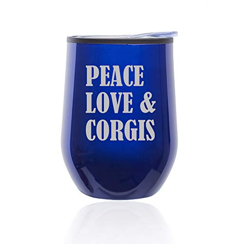 Stemless Wine Tumbler Coffee Travel Mug Glass With Lid Peace Love & Corgis (Blue)