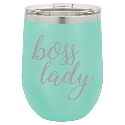 12 oz Double Wall Vacuum Insulated Stainless Steel Stemless Wine Tumbler Glass Coffee Travel Mug With Lid Boss Lady (Teal)