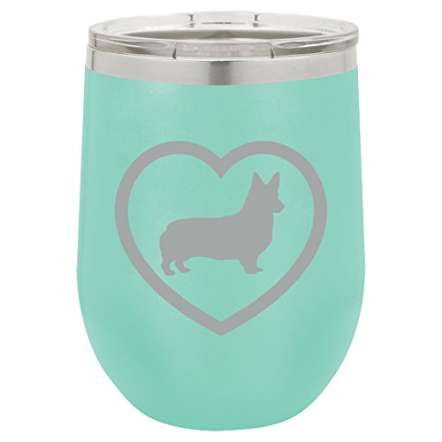 12 oz Double Wall Vacuum Insulated Stainless Steel Stemless Wine Tumbler Glass Coffee Travel Mug With Lid Corgi Heart (Teal)