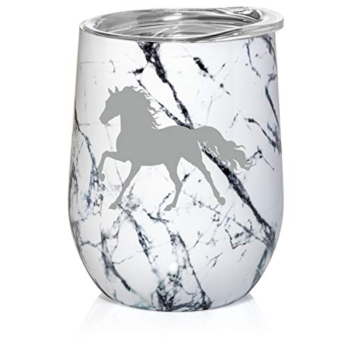 12 oz Double Wall Vacuum Insulated Stainless Steel Marble Stemless Wine Tumbler Glass Coffee Travel Mug With Lid Horse (Black White Marble)