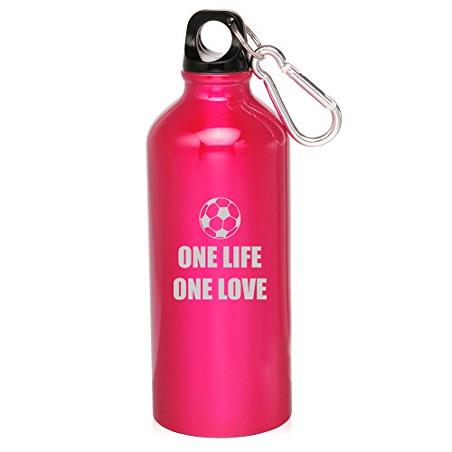 20oz Aluminum Sports Water Bottle Caribiner Clip One Life Soccer (Hot Pink)