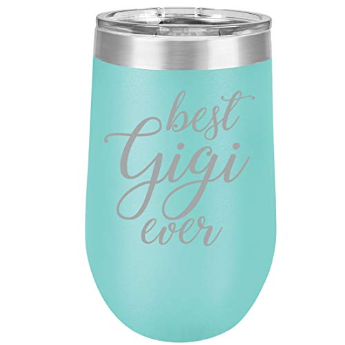 16 oz Double Wall Vacuum Insulated Stainless Steel Stemless Wine Tumbler Glass Coffee Travel Mug With Lid Best Gigi Ever Grandma Grandmother (Teal)