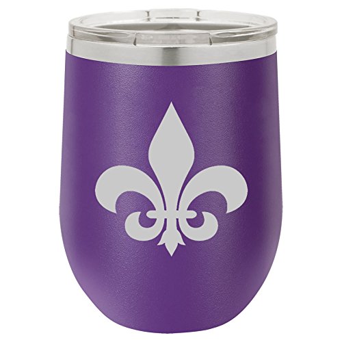 12 oz Double Wall Vacuum Insulated Stainless Steel Stemless Wine Tumbler Glass Coffee Travel Mug With Lid Fleur-De-Lis (Purple)