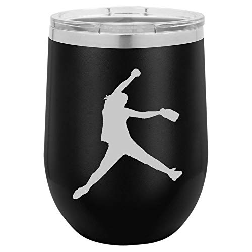 12 oz Double Wall Vacuum Insulated Stainless Steel Stemless Wine Tumbler Glass Coffee Travel Mug With Lid Female Softball Pitcher (Black)