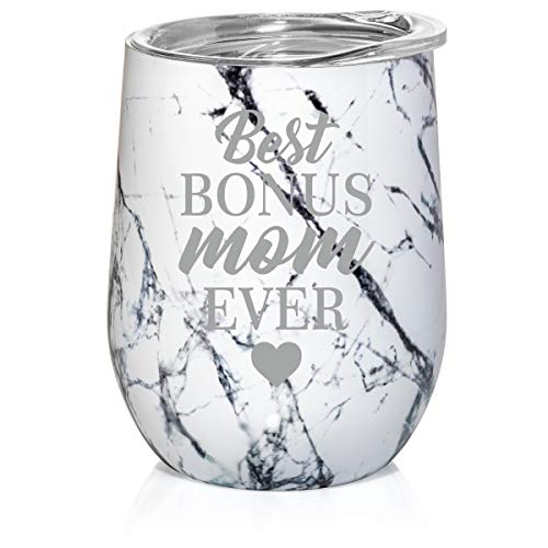 12 oz Double Wall Vacuum Insulated Stainless Steel Marble Stemless Wine Tumbler Glass Coffee Travel Mug With Lid Best Bonus Mom Ever Step Mom Mother (Black White Marble)