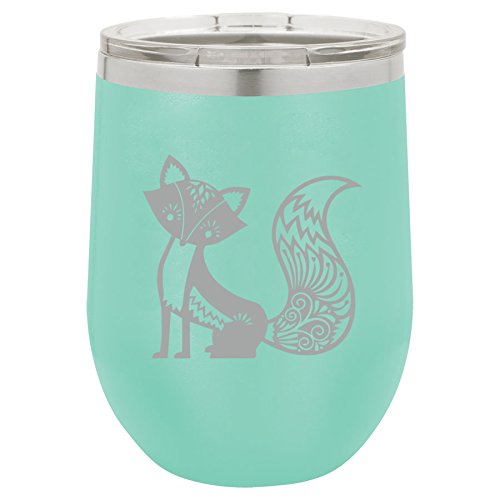 12 oz Double Wall Vacuum Insulated Stainless Steel Stemless Wine Tumbler Glass Coffee Travel Mug With Lid Fancy Fox (Teal)