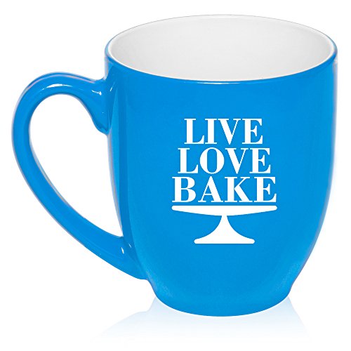 16 oz Large Bistro Mug Ceramic Coffee Tea Glass Cup Live Love Bake (Light Blue)