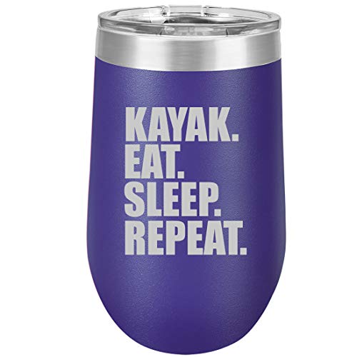 16 oz Double Wall Vacuum Insulated Stainless Steel Stemless Wine Tumbler Glass Coffee Travel Mug With Lid Kayak Eat Sleep Repeat (Purple)