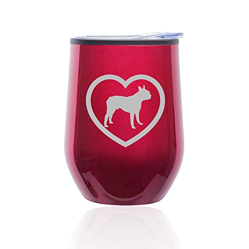 Stemless Wine Tumbler Coffee Travel Mug Glass With Lid Boston Terrier Heart (Fuchsia)