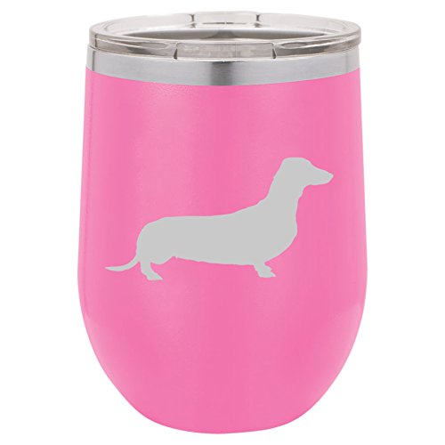 12 oz Double Wall Vacuum Insulated Stainless Steel Stemless Wine Tumbler Glass Coffee Travel Mug With Lid Dachshund (Hot-Pink)