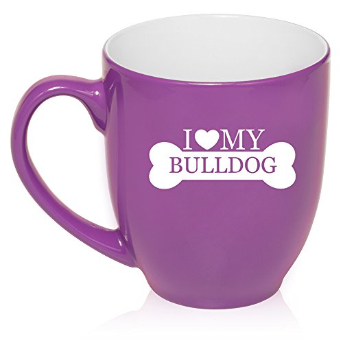 16 oz Large Bistro Mug Ceramic Coffee Tea Glass Cup I Love My Bulldog (Purple)