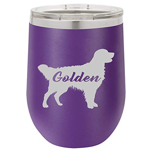 12 oz Double Wall Vacuum Insulated Stainless Steel Stemless Wine Tumbler Glass Coffee Travel Mug With Lid Golden Retriever 'Golden' (Purple)